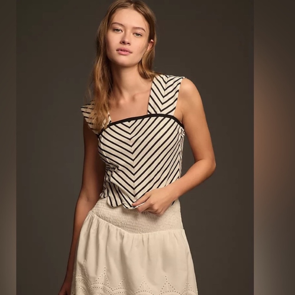 MAEVE by ANTHROPOLOGIE Square Neck Shirt Black and White Striped, Size XL